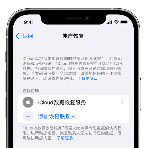 宁江苹果手机维修分享在 iPhone 上设置帐户恢复联系人的方法 