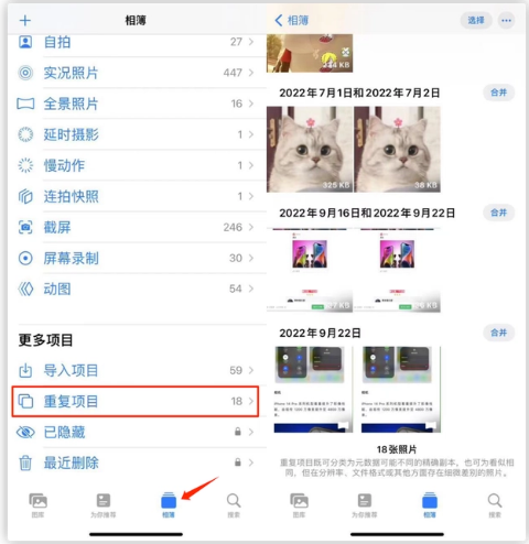 宁江苹果手机维修分享iOS 16 中相册重复项目功能使用方法 